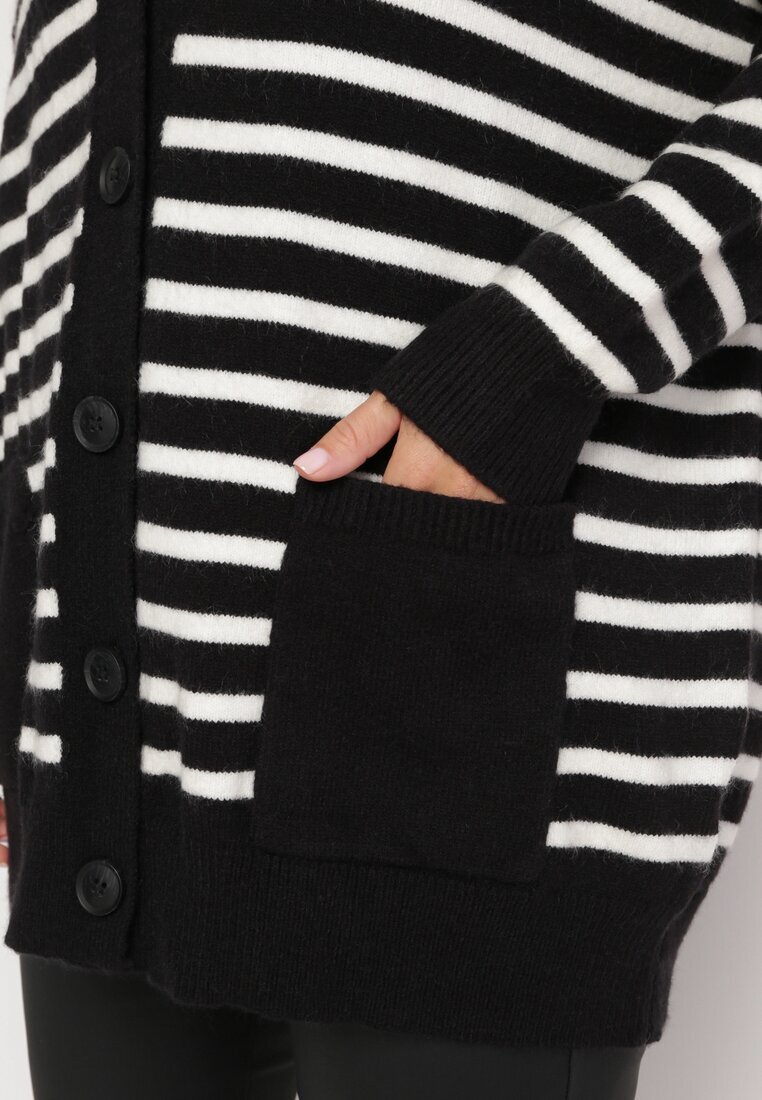 m&v Cardigan Negru Lung în Dungi cu Buzunare Fellesa
