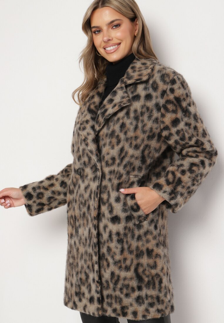 Made in Italy Palton Bej Dublu rând Cu imprimeu leopard Cu buzunare oblice Niathriel