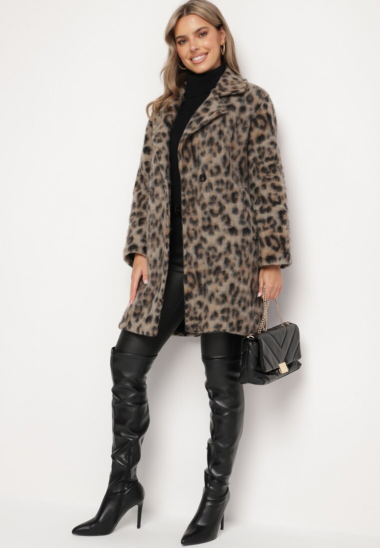 Made in Italy Palton Bej Dublu rând Cu imprimeu leopard Cu buzunare oblice Niathriel