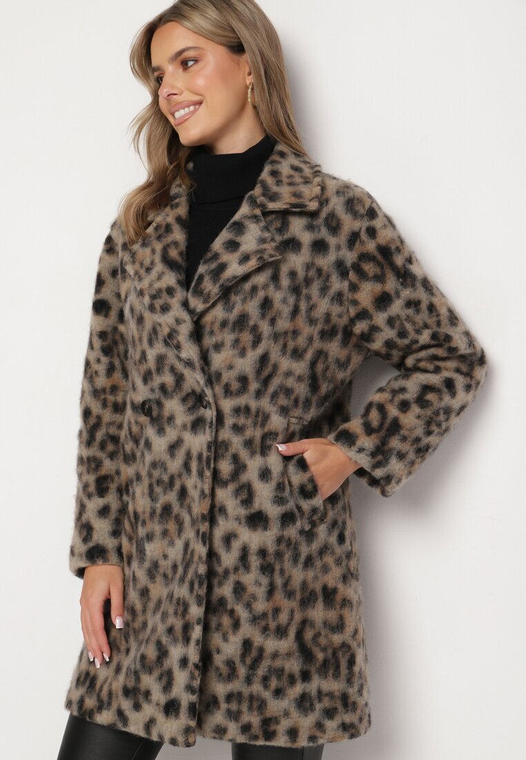 Made in Italy Palton Bej Dublu rând Cu imprimeu leopard Cu buzunare oblice Niathriel