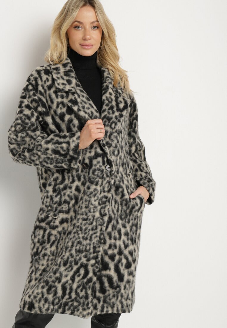 Made in Italy Palton Gri Dublu pet cu imprimeu leopard Nesaltia