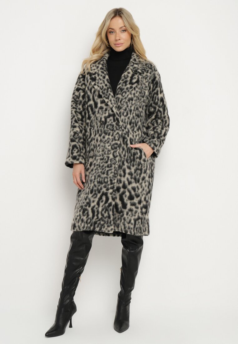 Made in Italy Palton Gri Dublu pet cu imprimeu leopard Nesaltia