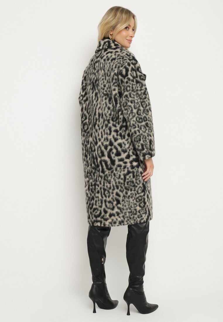 Made in Italy Palton Gri Dublu pet cu imprimeu leopard Nesaltia