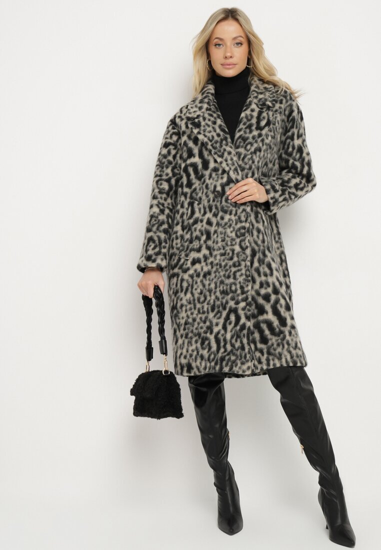 Made in Italy Palton Gri Dublu pet cu imprimeu leopard Nesaltia