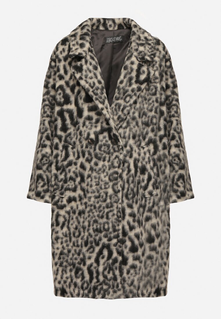 Made in Italy Palton Gri Dublu pet cu imprimeu leopard Nesaltia
