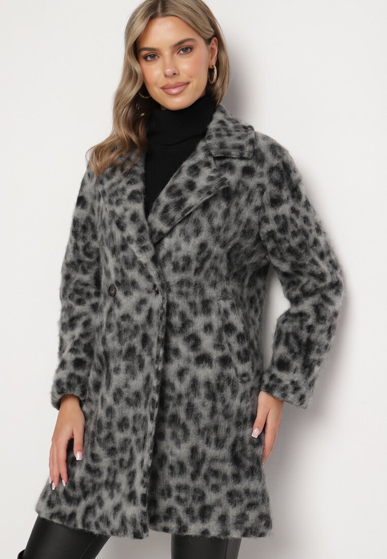 Made in Italy Palton Gri Dublu piept cu imprimeu leopard cu buzunare laterale Niathriel