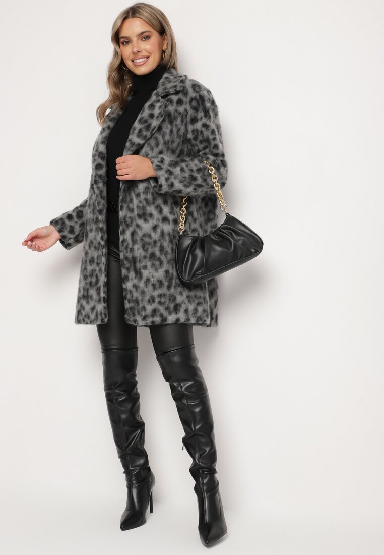 Made in Italy Palton Gri Dublu piept cu imprimeu leopard cu buzunare laterale Niathriel