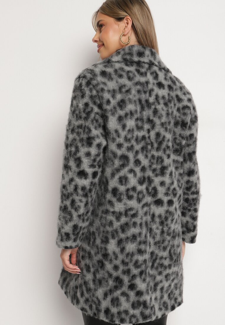 Made in Italy Palton Gri Dublu piept cu imprimeu leopard cu buzunare laterale Niathriel