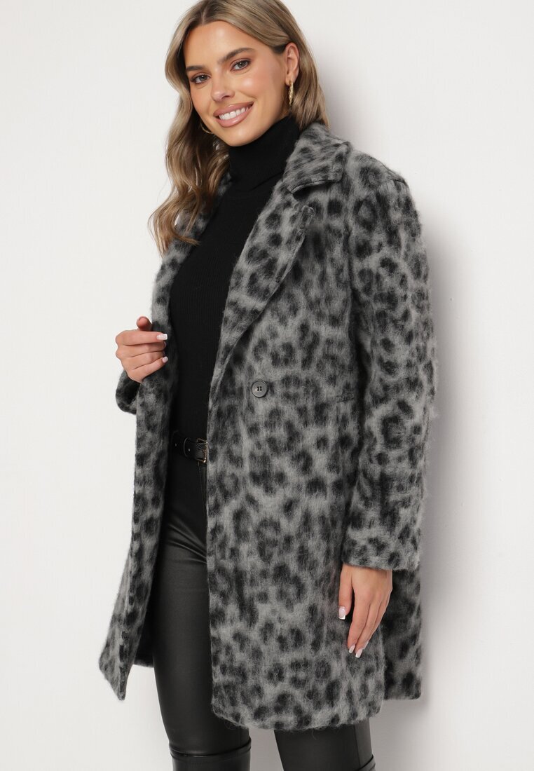 Made in Italy Palton Gri Dublu piept cu imprimeu leopard cu buzunare laterale Niathriel
