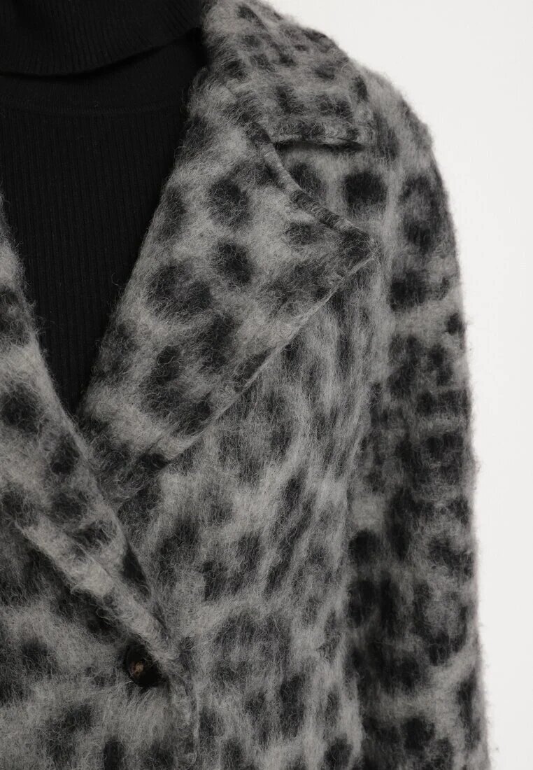 Made in Italy Palton Gri Dublu piept cu imprimeu leopard cu buzunare laterale Niathriel