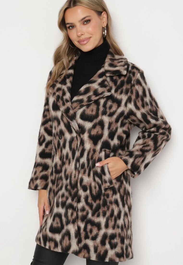 Made in Italy Palton Maro dublu cu imprimeu leopard cu buzunare inserate Niathriel
