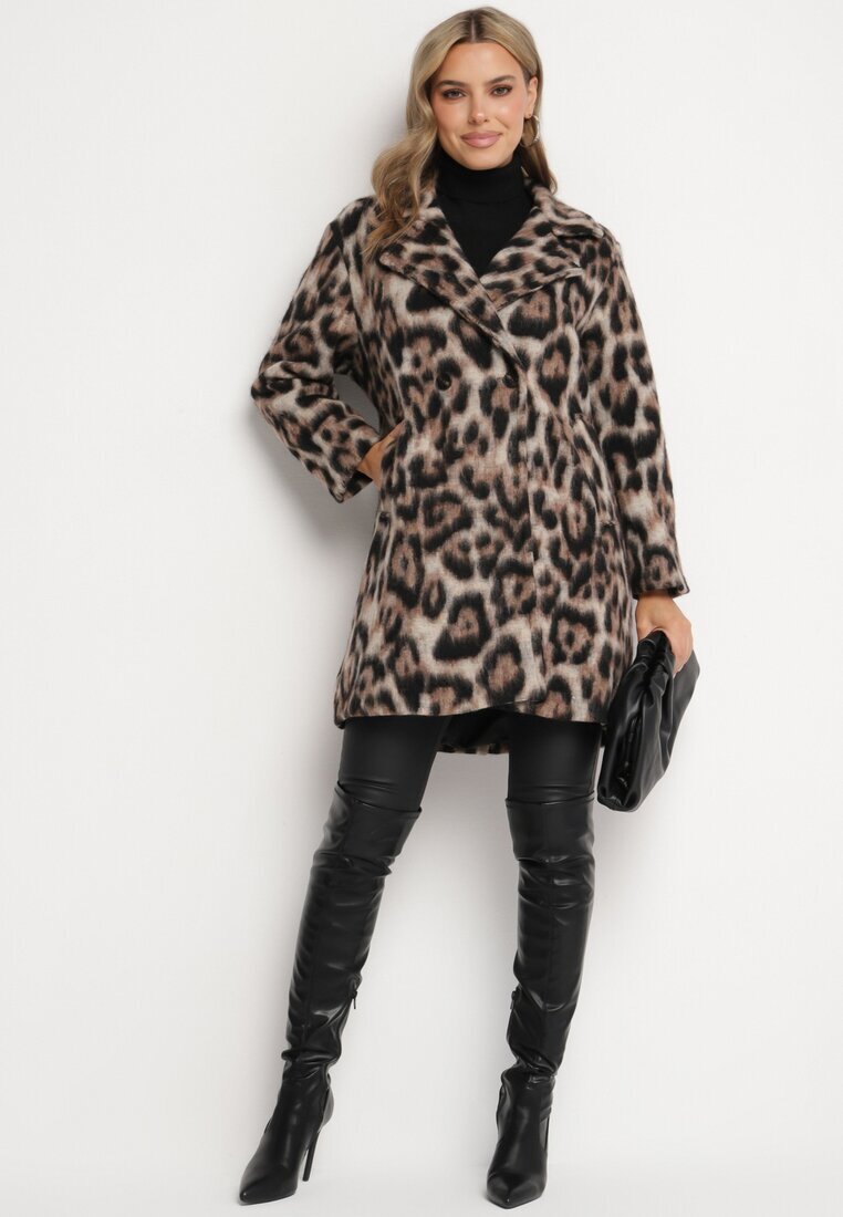 Made in Italy Palton Maro dublu cu imprimeu leopard cu buzunare inserate Niathriel