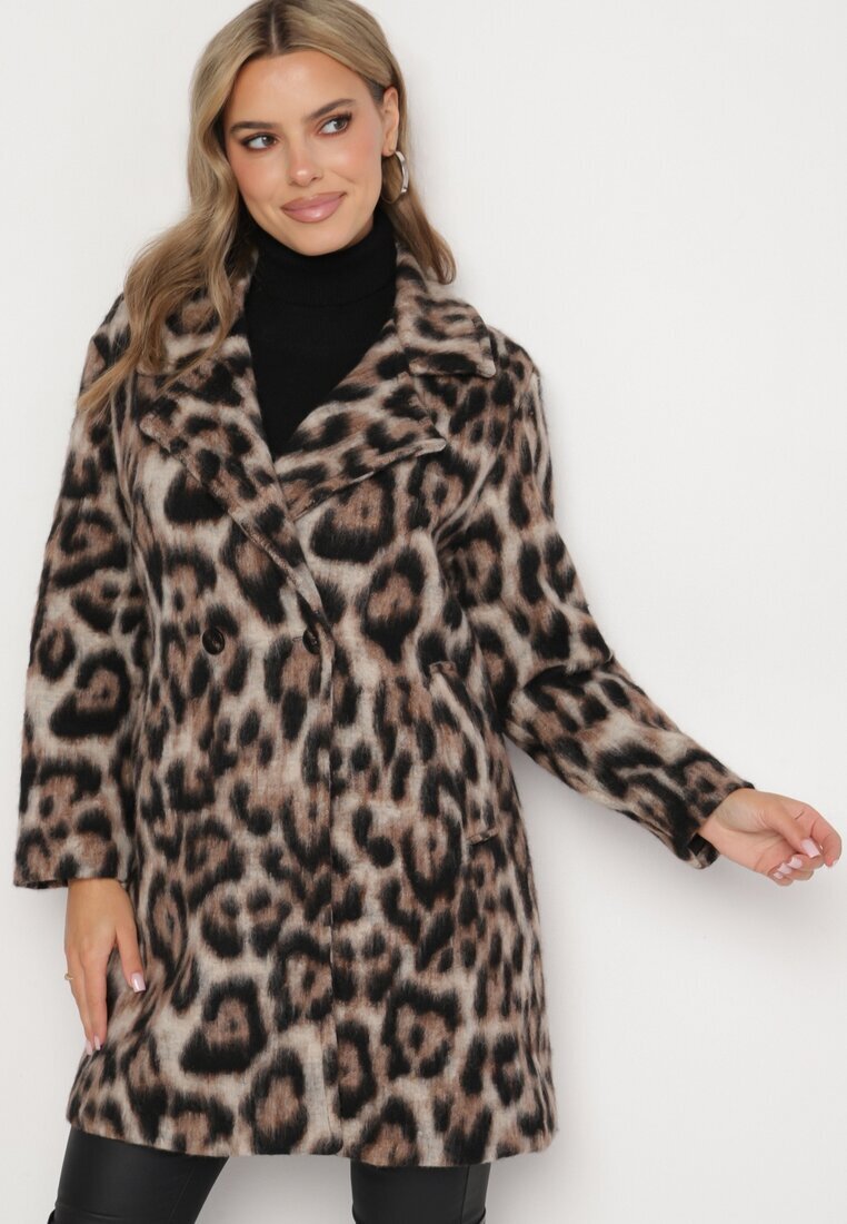 Made in Italy Palton Maro dublu cu imprimeu leopard cu buzunare inserate Niathriel