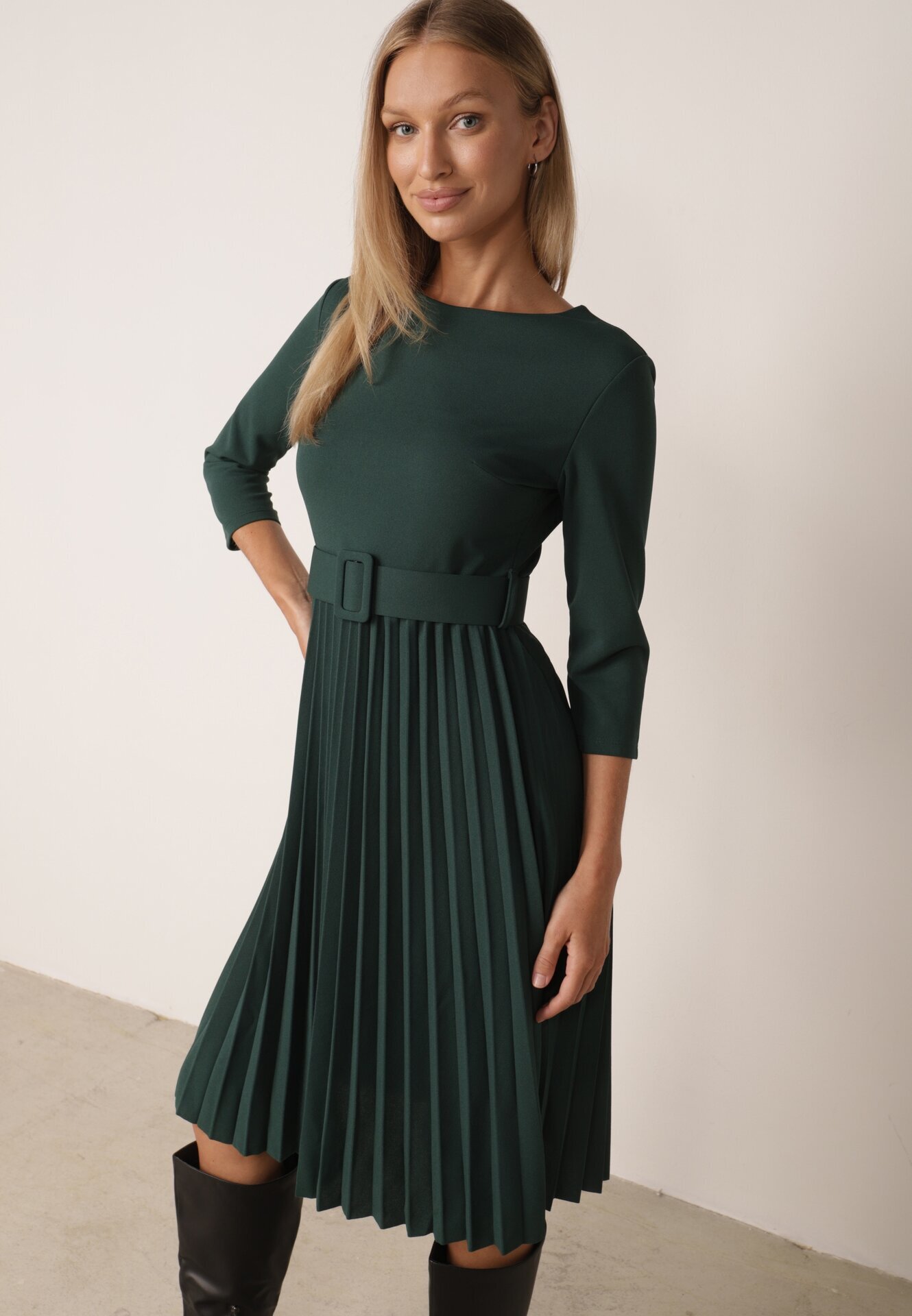 Made in Italy Rochie Verde închis Evazată cu pliuri și curea cu cataramă Lennoria