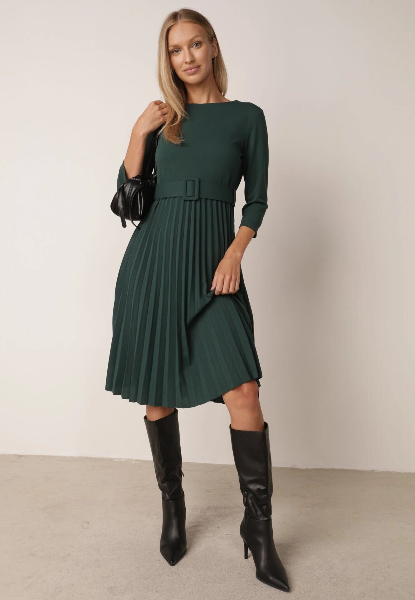 Made in Italy Rochie Verde închis Evazată cu pliuri și curea cu cataramă Lennoria