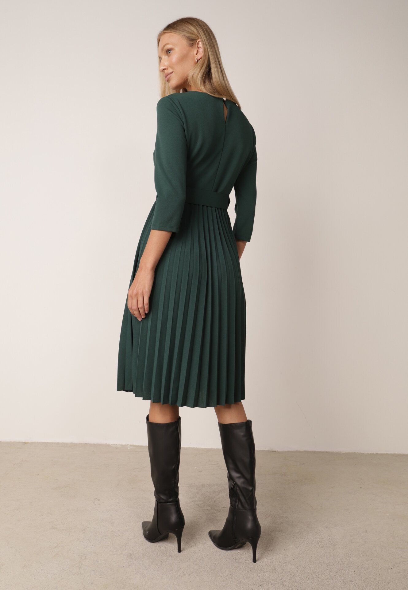 Made in Italy Rochie Verde închis Evazată cu pliuri și curea cu cataramă Lennoria