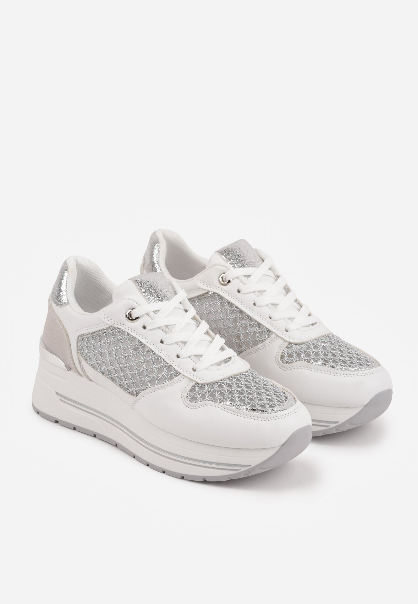 maira Sneakers Albi pe Talpă Groasă cu Inserții din Plasă și Metalice Sewtira