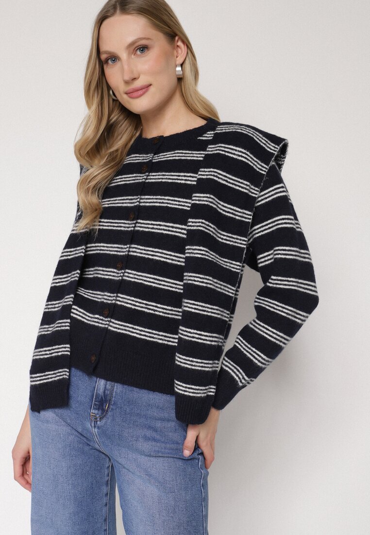 maja studio Cardigan Bleumarin în dungi cu amestec de lână cu pelerină suplimentară Fedina