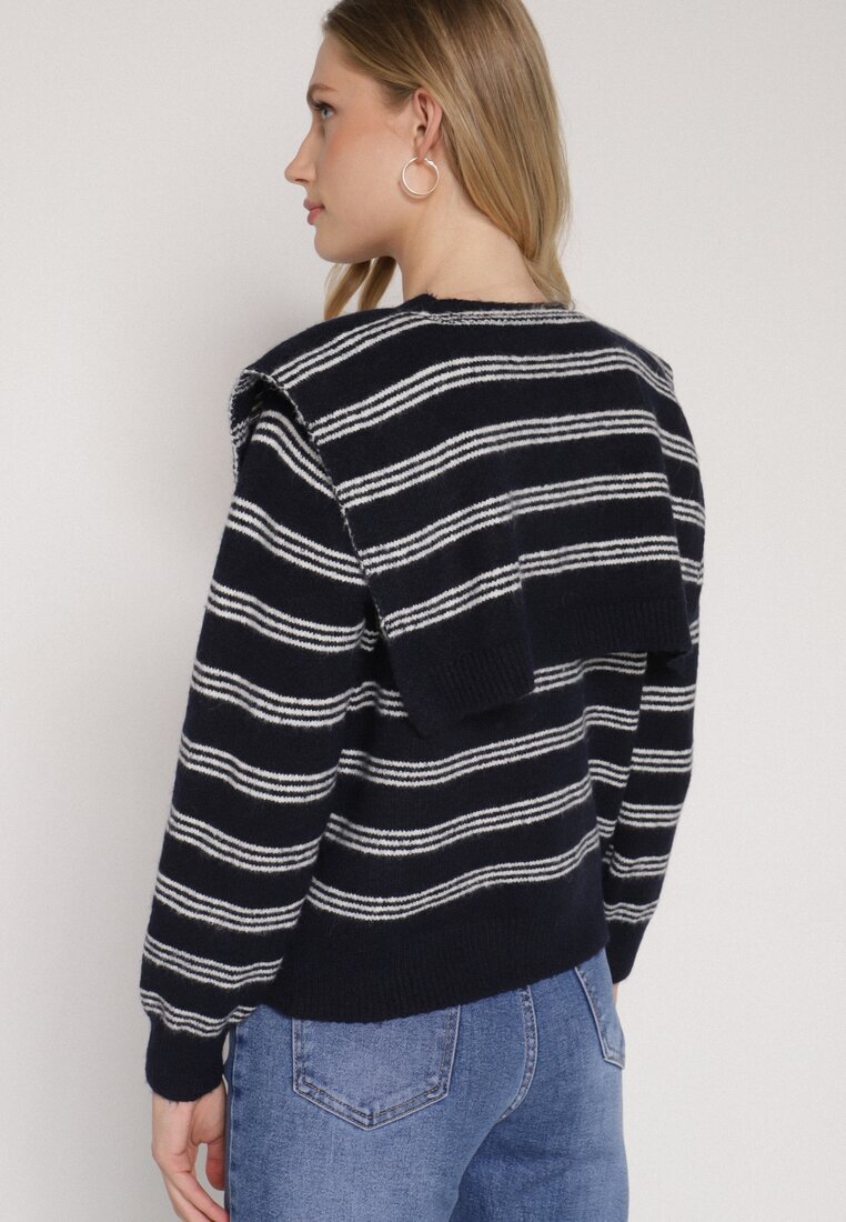 maja studio Cardigan Bleumarin în dungi cu amestec de lână cu pelerină suplimentară Fedina