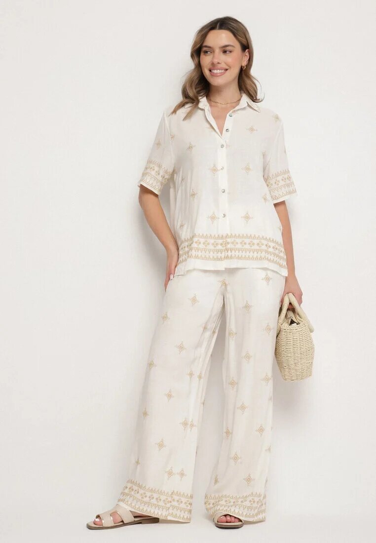 maja studio Compleu alb-bej din Vâscoză Decorat cu Broderie Cămașă și Pantaloni Oversize Iffiselle