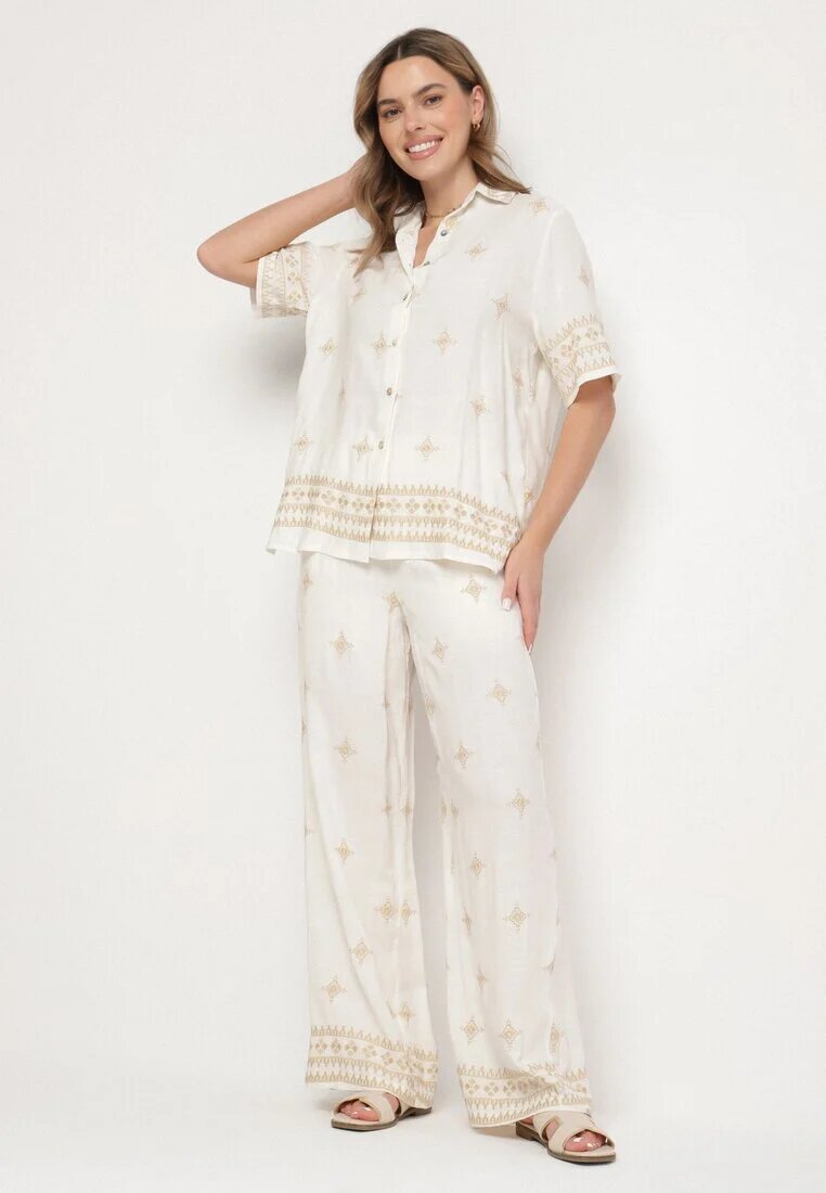 maja studio Compleu alb-bej din Vâscoză Decorat cu Broderie Cămașă și Pantaloni Oversize Iffiselle