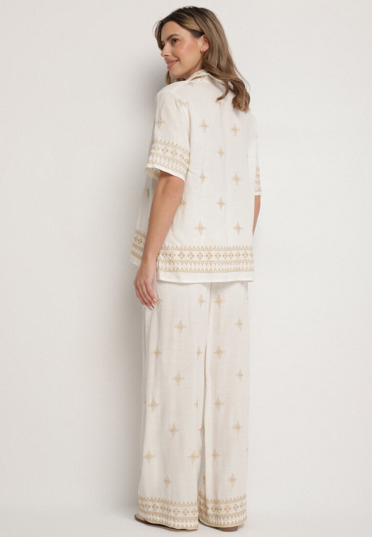 maja studio Compleu alb-bej din Vâscoză Decorat cu Broderie Cămașă și Pantaloni Oversize Iffiselle