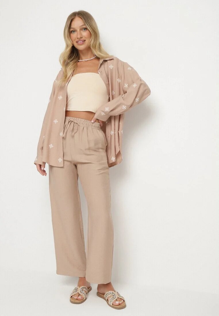 maja studio Compleu Bej închis din Viscoză Croi Oversize Cămașă cu Broderie și Pantaloni Sadeonna