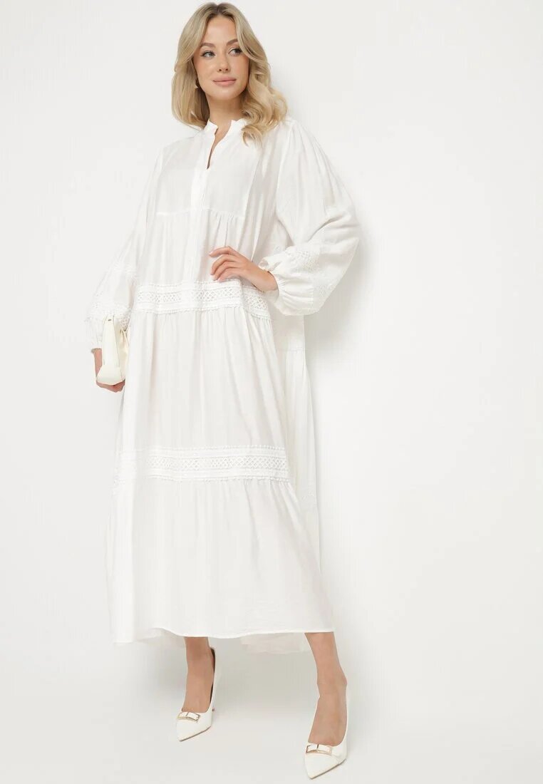maja studio Rochie Albă Cloche din Viscoză cu Inserții din Dantelă Nalanieth