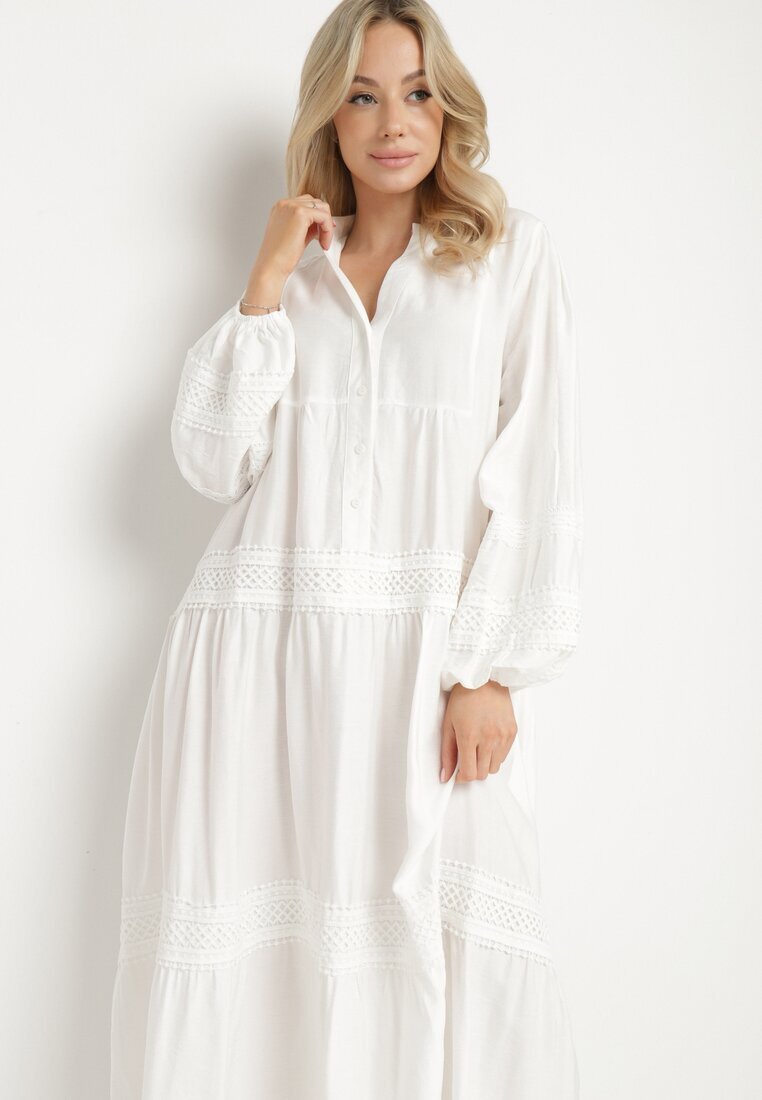 maja studio Rochie Albă Cloche din Viscoză cu Inserții din Dantelă Nalanieth