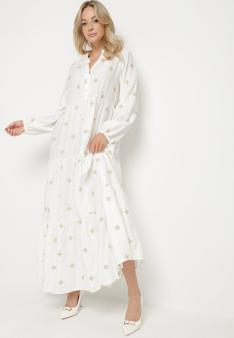 maja studio Rochie Albă din Vâscoză cu Croială Cloș cu Broderie Decorativă Nalariel