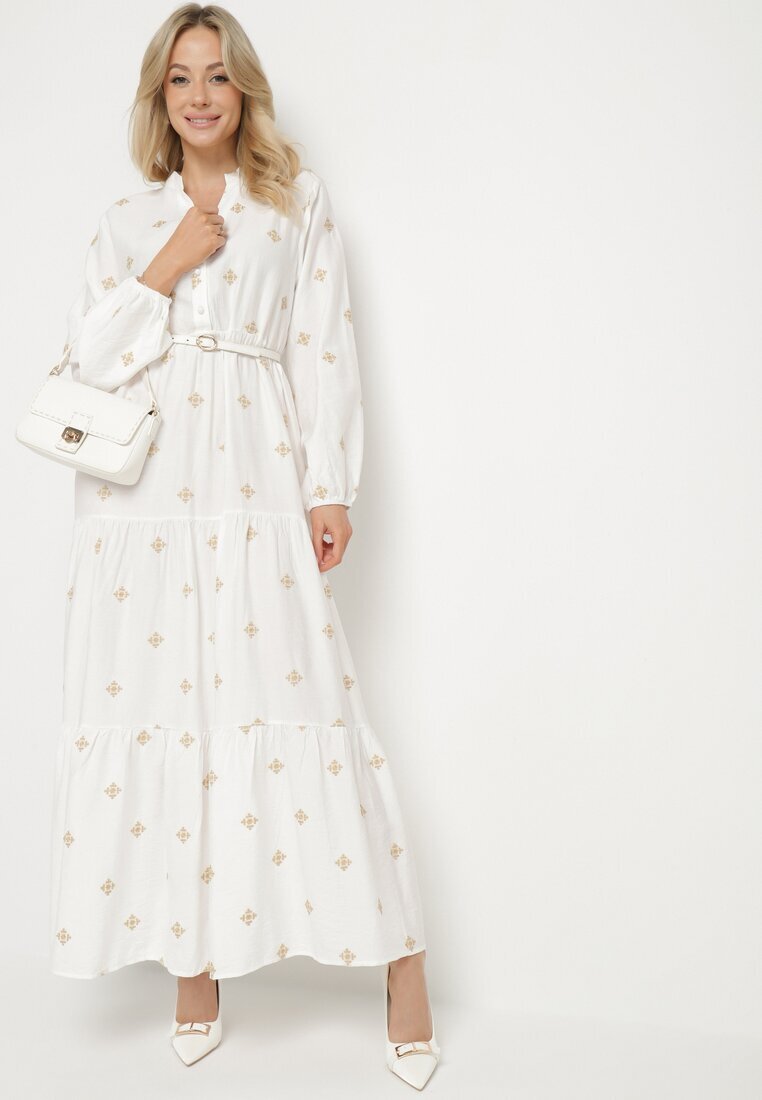 maja studio Rochie Albă din Vâscoză cu Croială Cloș cu Broderie Decorativă Nalariel