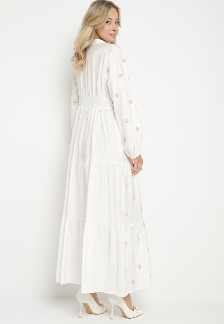 maja studio Rochie Albă din Vâscoză cu Croială Cloș cu Broderie Decorativă Nalariel