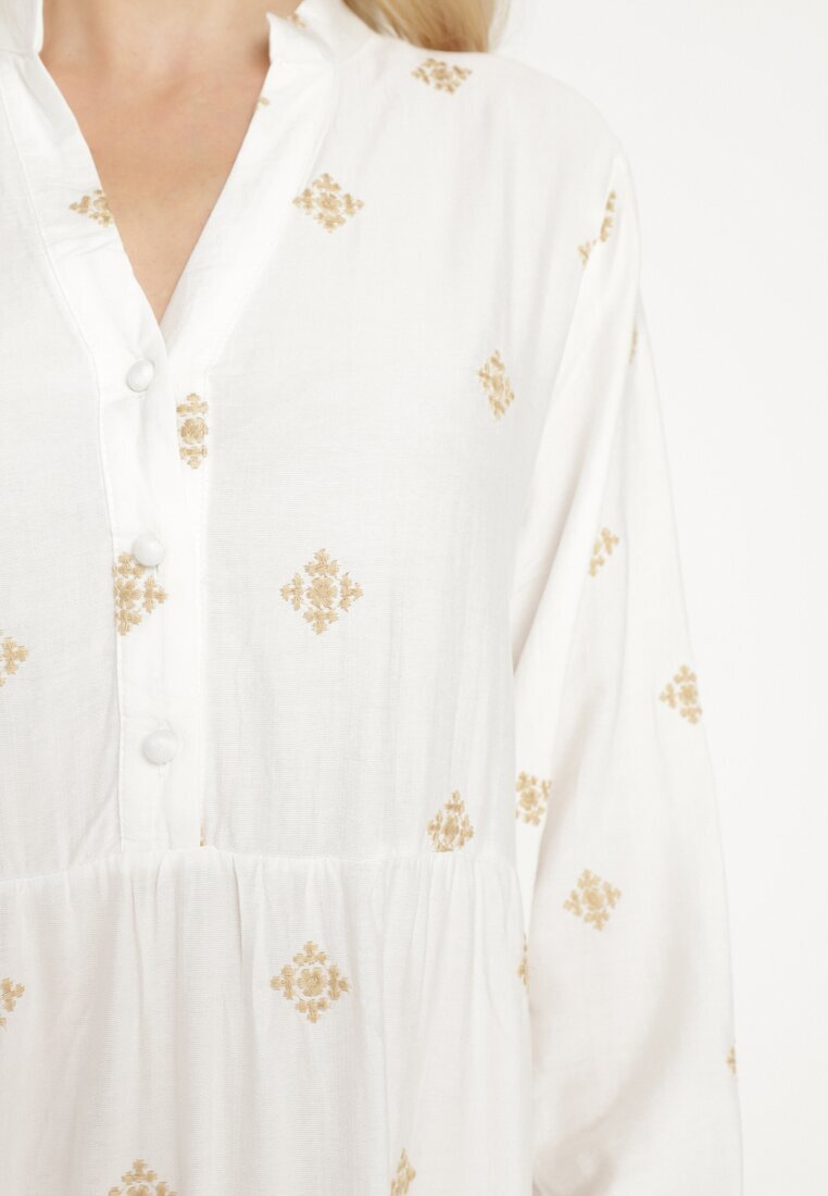 maja studio Rochie Albă din Vâscoză cu Croială Cloș cu Broderie Decorativă Nalariel