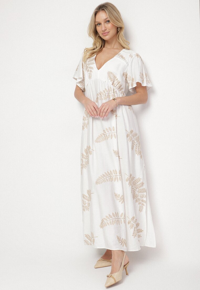 maja studio Rochie Albă din Viscoză cu Broderii Metalice Helvesia