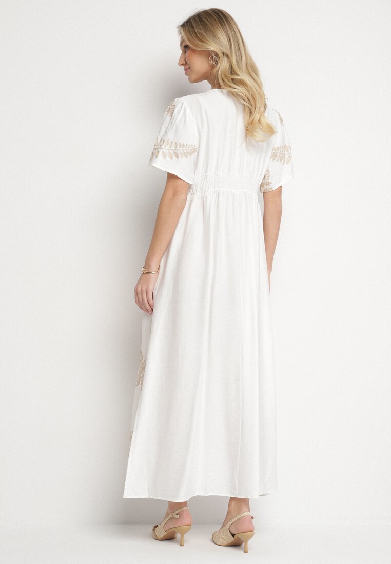 maja studio Rochie Albă din Viscoză cu Broderii Metalice Helvesia