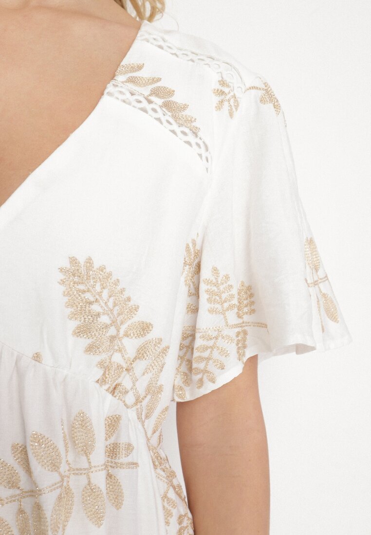 maja studio Rochie Albă din Viscoză cu Broderii Metalice Helvesia