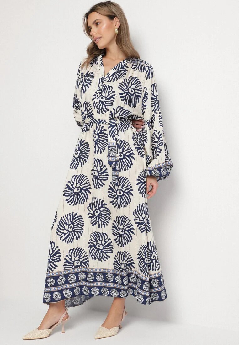 maja studio Rochie Albastră din Viscoză Oversize cu Model Etnic și Cordon de Legat Florseki