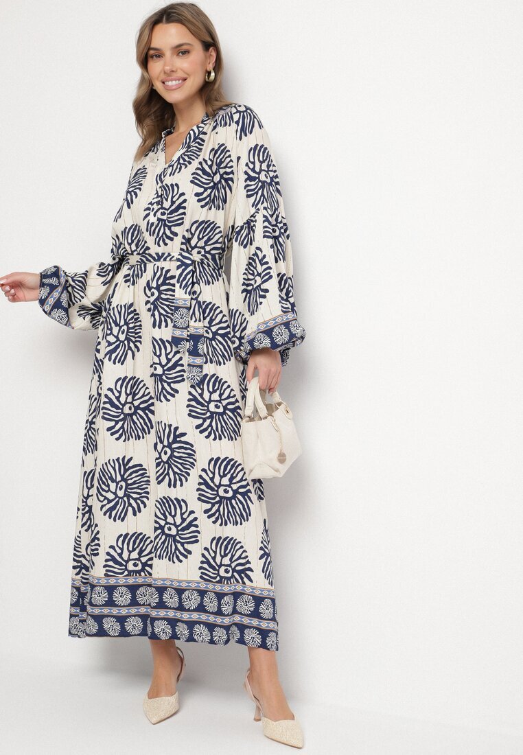 maja studio Rochie Albastră din Viscoză Oversize cu Model Etnic și Cordon de Legat Florseki