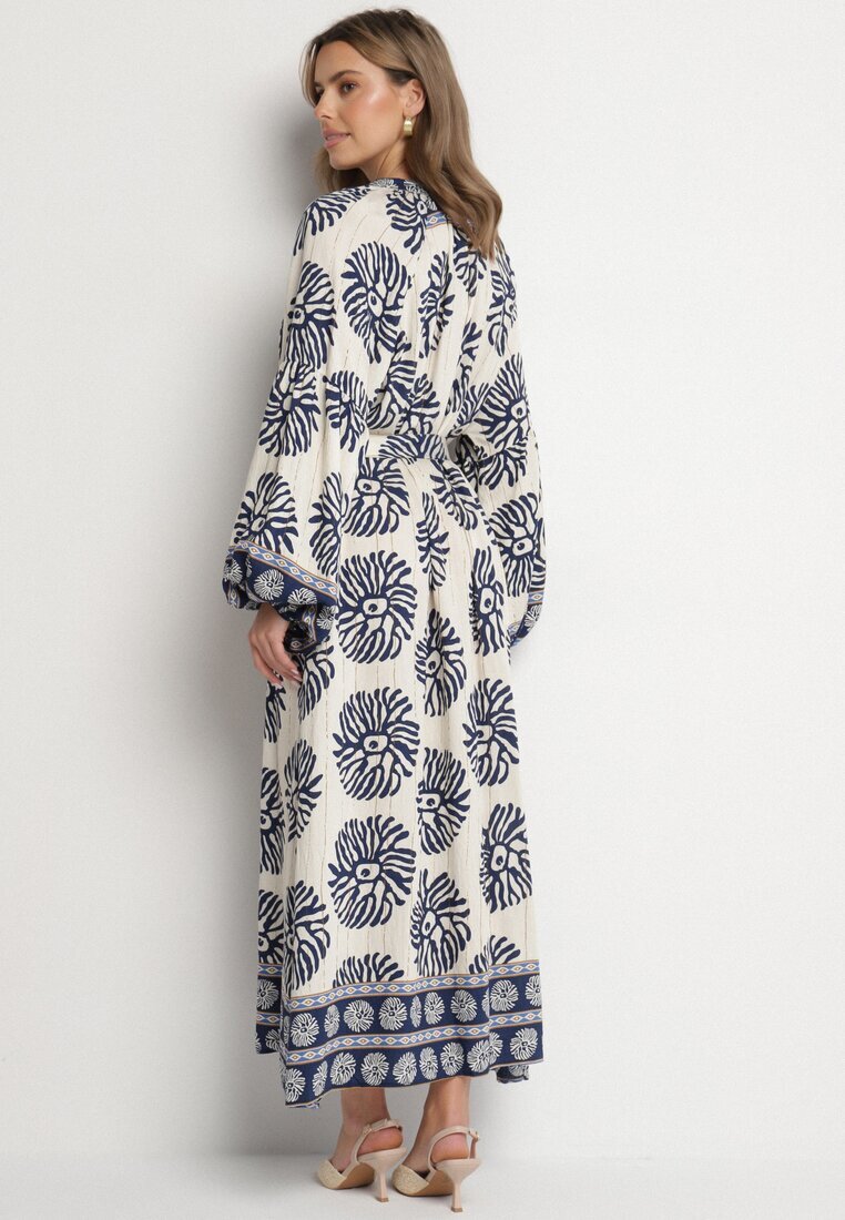 maja studio Rochie Albastră din Viscoză Oversize cu Model Etnic și Cordon de Legat Florseki