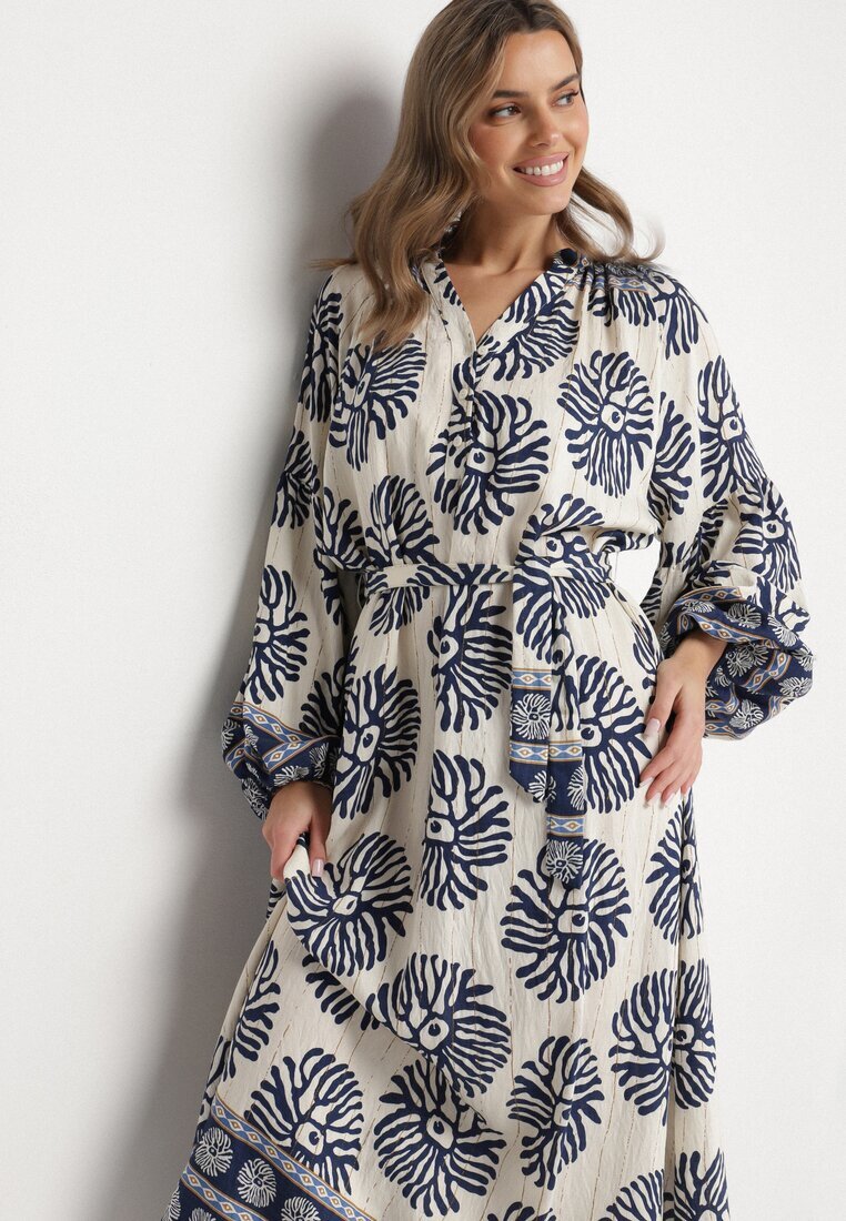 maja studio Rochie Albastră din Viscoză Oversize cu Model Etnic și Cordon de Legat Florseki