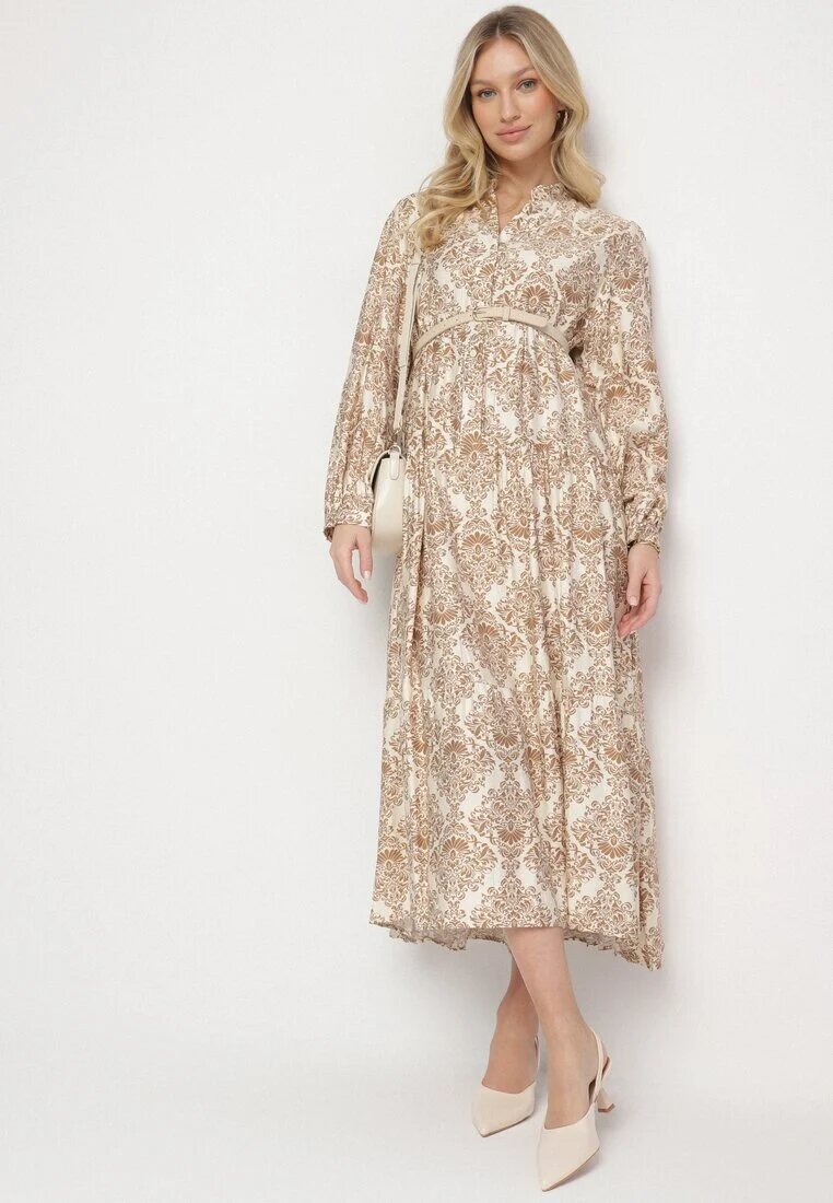 maja studio Rochie Bej Cloș din Viscoză cu Model Ornamental Gonavina