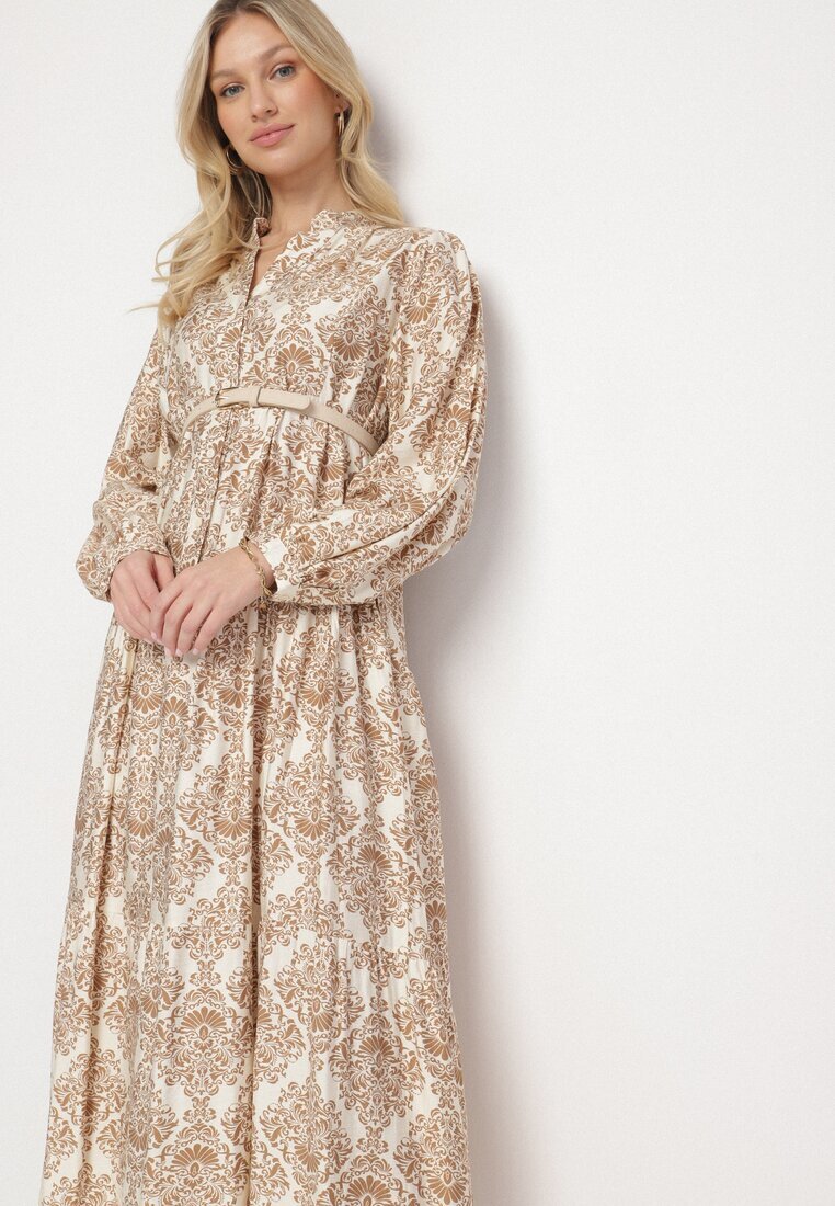 maja studio Rochie Bej Cloș din Viscoză cu Model Ornamental Gonavina