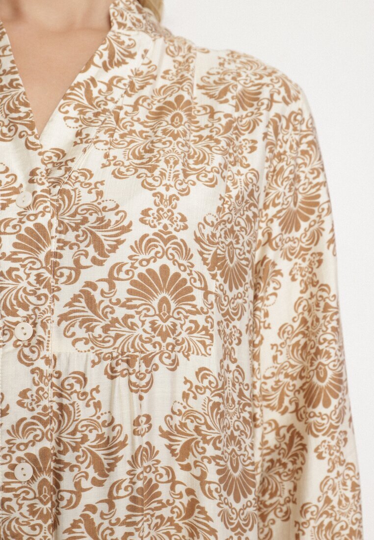 maja studio Rochie Bej Cloș din Viscoză cu Model Ornamental Gonavina