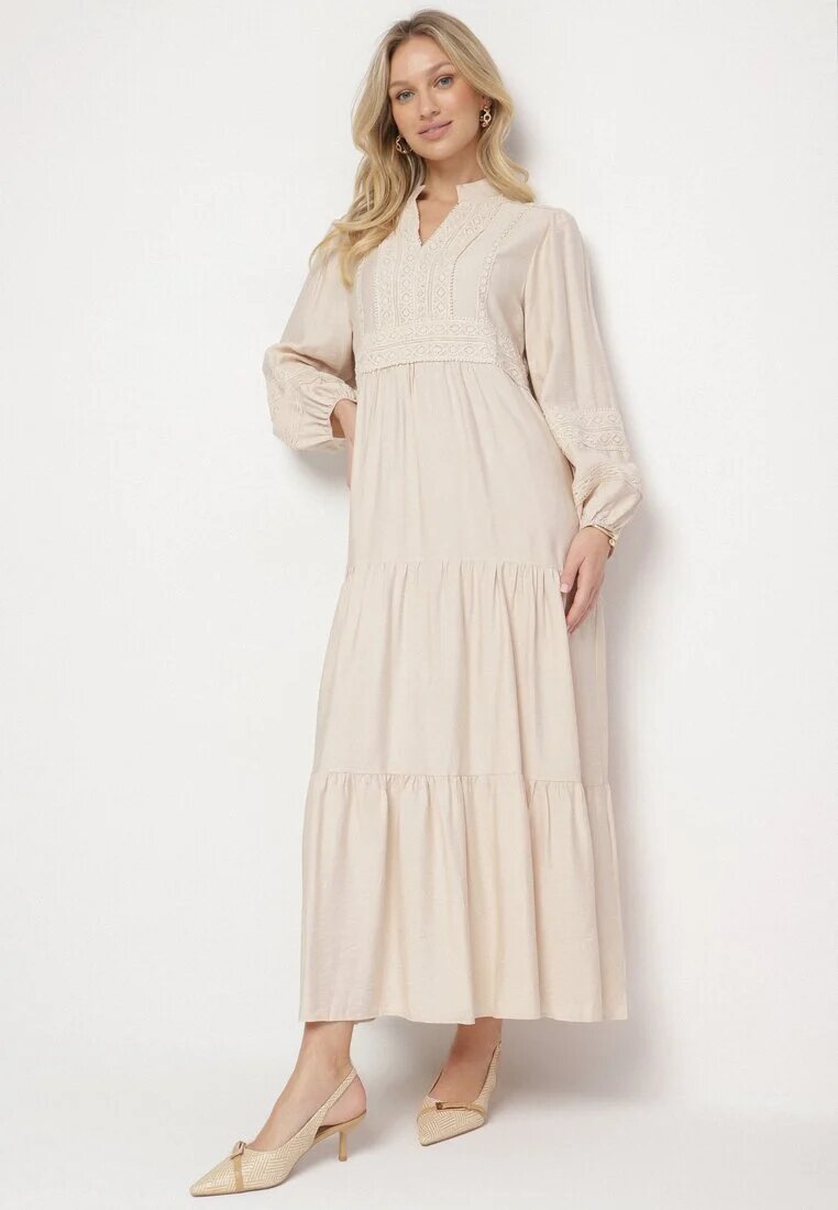 maja studio Rochie bej deschis din viscoză Boho cu croială evazată cu elastic și dantelă Gonillea