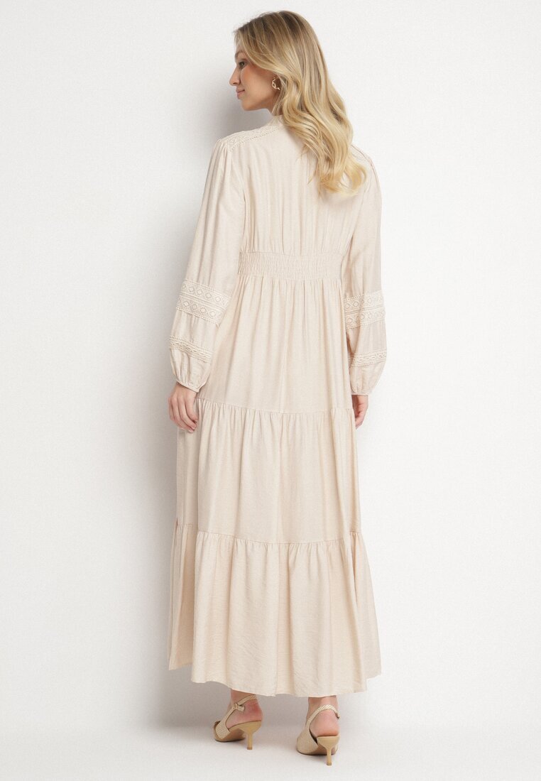 maja studio Rochie bej deschis din viscoză Boho cu croială evazată cu elastic și dantelă Gonillea
