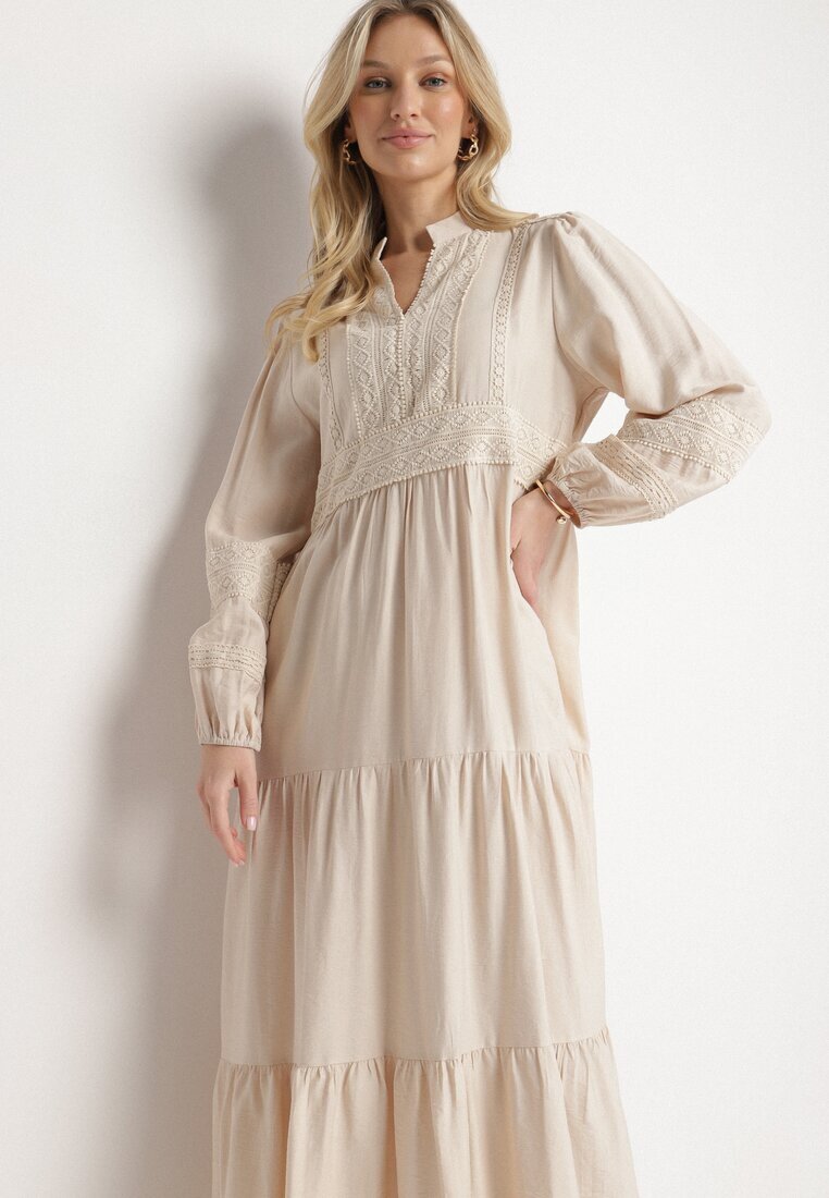 maja studio Rochie bej deschis din viscoză Boho cu croială evazată cu elastic și dantelă Gonillea