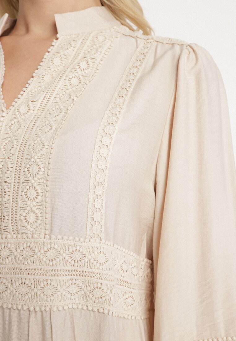 maja studio Rochie bej deschis din viscoză Boho cu croială evazată cu elastic și dantelă Gonillea