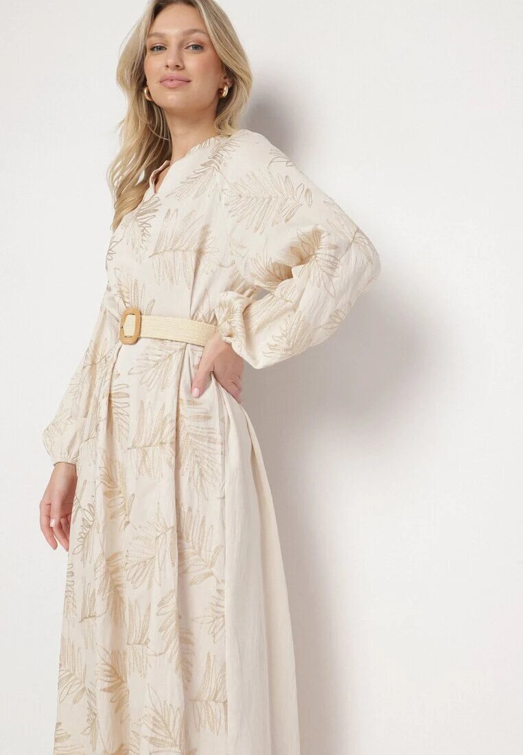 maja studio Rochie bej deschis din viscoză cu fir metalic și broderii Norvezira