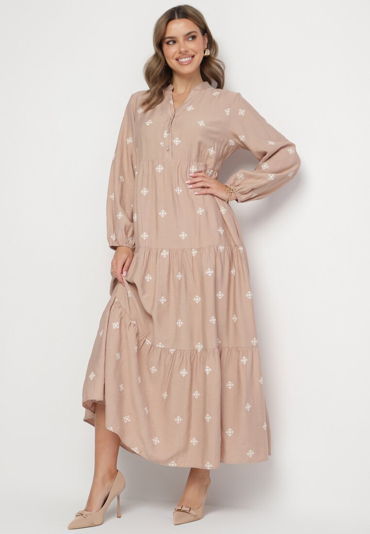 maja studio Rochie Bej din Vâscoză cu Croi Evazat cu Broderie Decorativă Nalariel