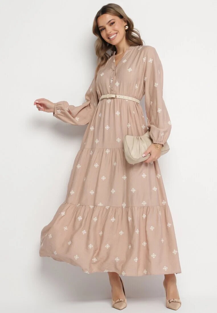 maja studio Rochie Bej din Vâscoză cu Croi Evazat cu Broderie Decorativă Nalariel